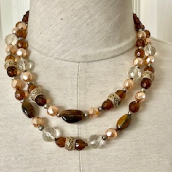 Brown beaded gold tone double strand statement necklace - Picture 1 of 11